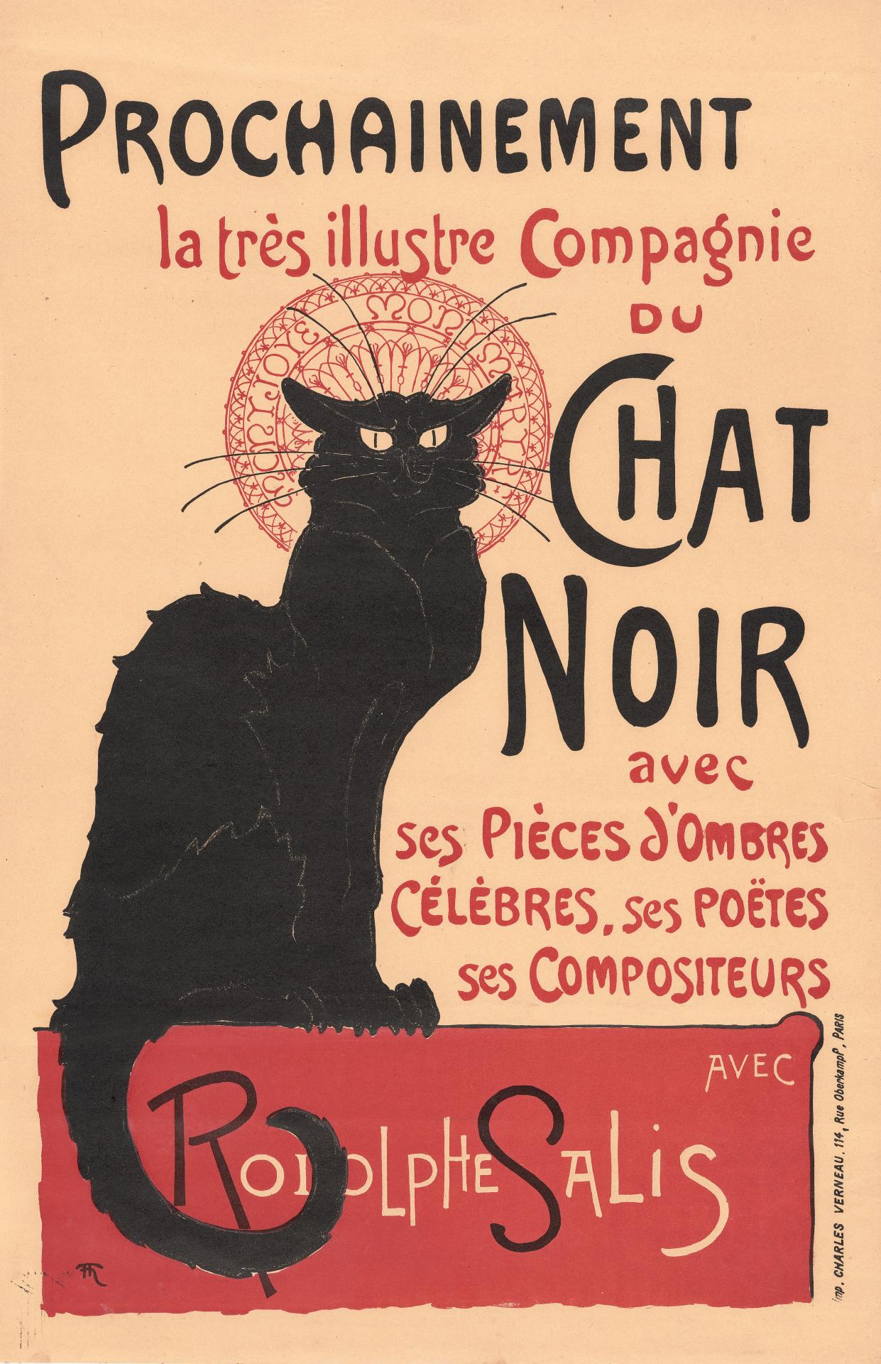 Théophile-Alexandre STEINLEN<br/>
<em>Poster for the Company of the Black cat</em> (1896) <!-- (recto) --><br />
<em>(Prochainement la très illustre Compagnie du Chat Noir)</em><br />
colour lithograph<br />
56.3 x 36.0 cm (image) 61.9 x 40.0 cm (sheet)<br />
National Gallery of Victoria, Melbourne<br />
Purchased NGV Foundation, 2022<br />
2022.857<br />

<!--149650-->