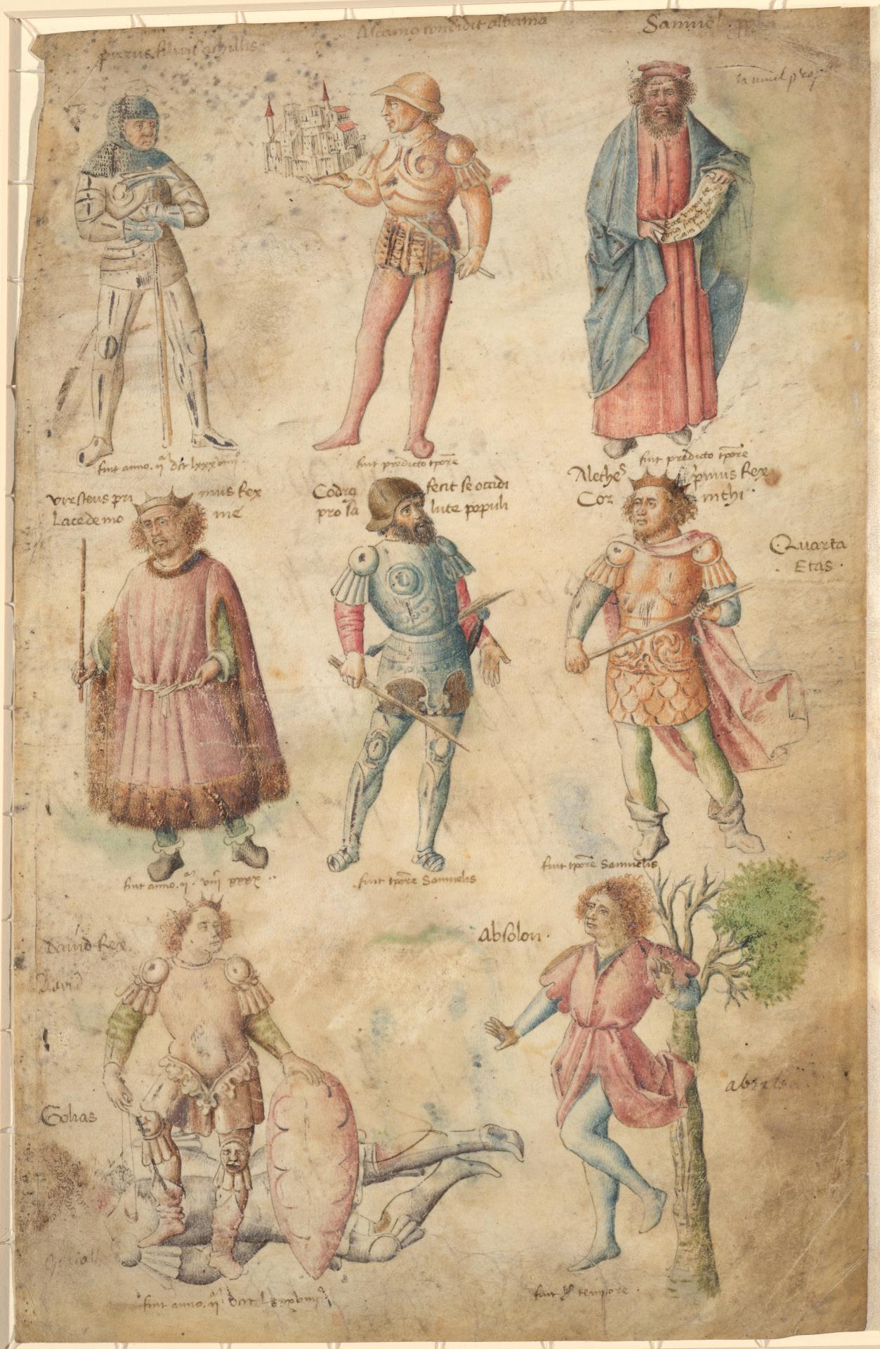 UNKNOWN<br/>
<em>Leaf from a Universal Chronicle: eight famous men</em> (c. 1440-1470) <!-- (recto) --><br />

pen and brown ink and watercolour on parchment<br />
31.4 x 20.5 cm irreg. (sheet)<br />
National Gallery of Victoria, Melbourne<br />
Felton Bequest, 1966<br />
1663-5<br />

<!--24266-->
