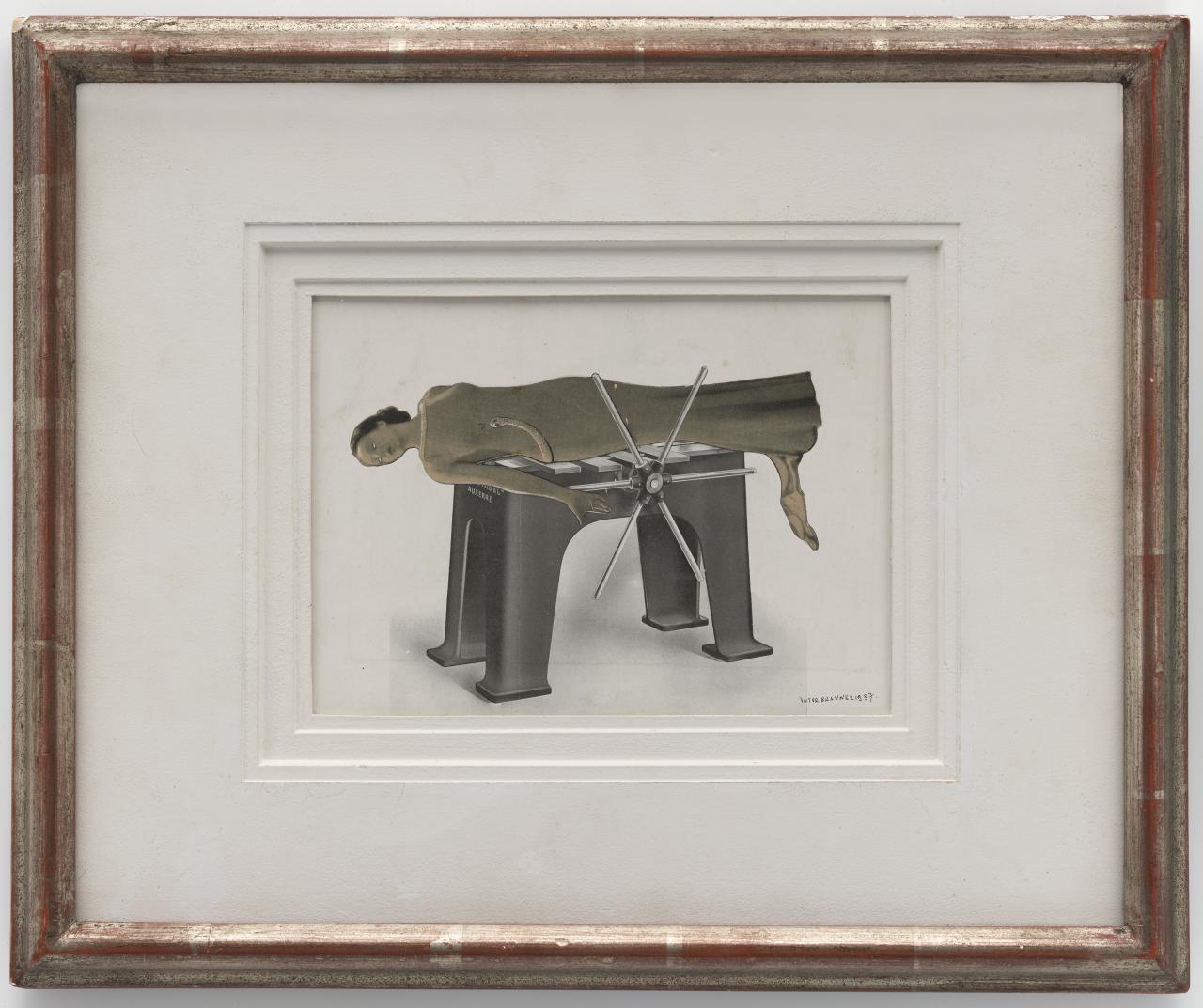 Victor BRAUNER<br/>
<em>Auxerre</em> (1937) <!-- (recto) --><br />

collage of photomechanical prints and white gouache on paper, mounted on card and laid onto Masonite panel<br />
14.7 x 20.6 cm<br />
National Gallery of Victoria, Melbourne<br />
Estate of Ian and Judith Gardiner, 2025<br />
2025.614<br />
&copy; 2025 Victor Brauner / Artists Rights Society (ARS), New York / ADAGP
<!--157427-->