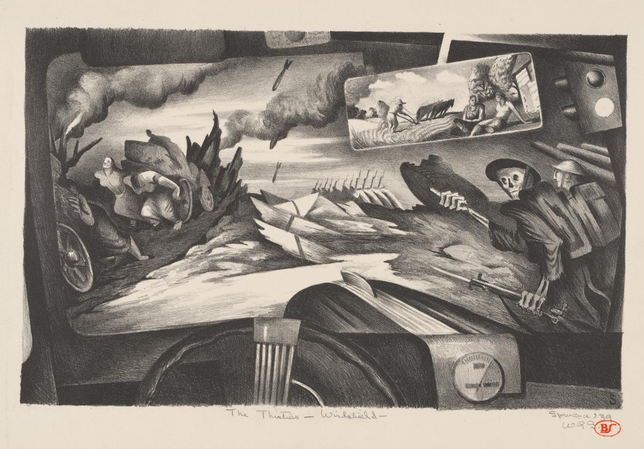 Benton SPRUANCE<br/>
<em>The 30s-Windshield.</em> (1939) <!-- (recto) --><br />

lithograph<br />
22.7 x 36.2 cm (image) 29.1 x 42.4 cm (sheet)<br />
National Gallery of Victoria, Melbourne<br />
Suzette Marie Chapple Bequest, 2026<br />
<br />
&copy; The Estate of Benton Spruance
<!--158731-->
