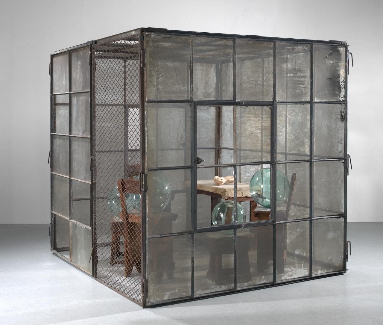 Louise BOURGEOIS<br/>
<em>Cell (Glass spheres and hands)</em> (1990-1993) <!-- (view 1) --><br />


glass, iron, wood, linoleum, canvas, marble<br />
(a-m) 219.5 x 218.8 x 220.0 cm (installation)<br />


National Gallery of Victoria, Melbourne<br />
Purchased with the assistance of the Leslie Moira Henderson Bequest, 1995<br />
S8.a-m-1994<br />


© Louise Bourgeois (The Easton Fnd.)/VAGA, New York. Licensed by Copyright Agency, Australia Sydney
<!--57353-->