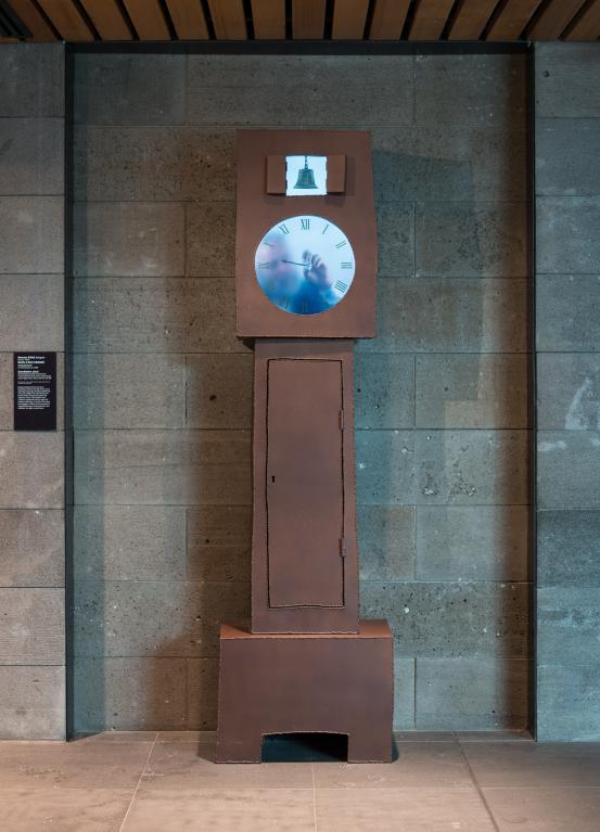 Maarten BAAS<br/>
<em>Grandfather clock</em> (2013) <!-- (front view) --><br />

weathered steel, LCD screen, media player, router, ethernet cable, electrical cord, colour digital video<br />
720 min 235.0 x 64.2 x 44.0 cm<br />
artist&rsquo;s proof ed. 3/4<br />
National Gallery of Victoria, Melbourne<br />
Felton Bequest in honour of Bruce Parncutt, President of the Council of Trustees of the NGV, 2015<br />
2015.727<br />
&copy; Maarten Baas
<!--118066-->