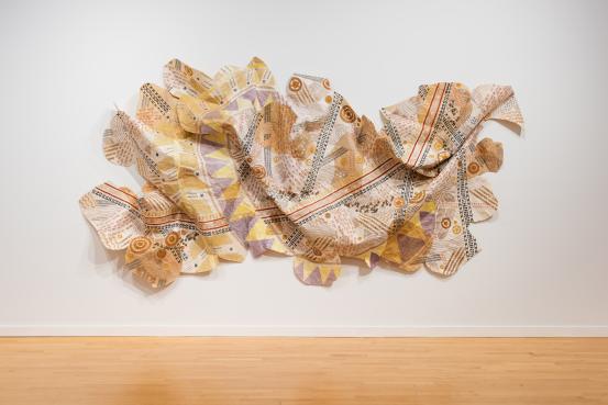 Lehuauakea<br/>
<em>Mele o Nā Kaukani Wai (Song of a Thousand Waters)</em> 2018 <!-- (recto) --><br />

mulberry papers, plant dyes, mineral pigments, gouache, clay (beads), cotton thread, metallic thread<br />
212.5 x 346.0 x 28.0 cm (variable) (installed)<br />
National Gallery of Victoria, Melbourne<br />
Purchased NGV Foundation, 2022<br />
2022.826<br />
© Lehuauakea
<!--148954--><br/><a class="col-link block" href="/explore/collection/work/148954"><strong>Collection page <i class="fa fa-angle-right"></i></strong></a>
