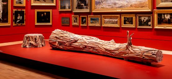 Ashley JAMESON ERIKSMOEN<br/>
<em>Fell</em> 2023 <!-- (full work) --><br />

wood, oil stain and varnish<br />
(a-b) 85.9 x 562.3 x 119.7 cm (variable) (installation)<br />
National Gallery of Victoria, Melbourne<br />
Purchased with funds donated by Esther Frenkiel OAM and David Frenkiel, 2024<br />
2024.150.a-b<br />
&copy; Ashley Jameson Eriksmoen
<!--150828-->