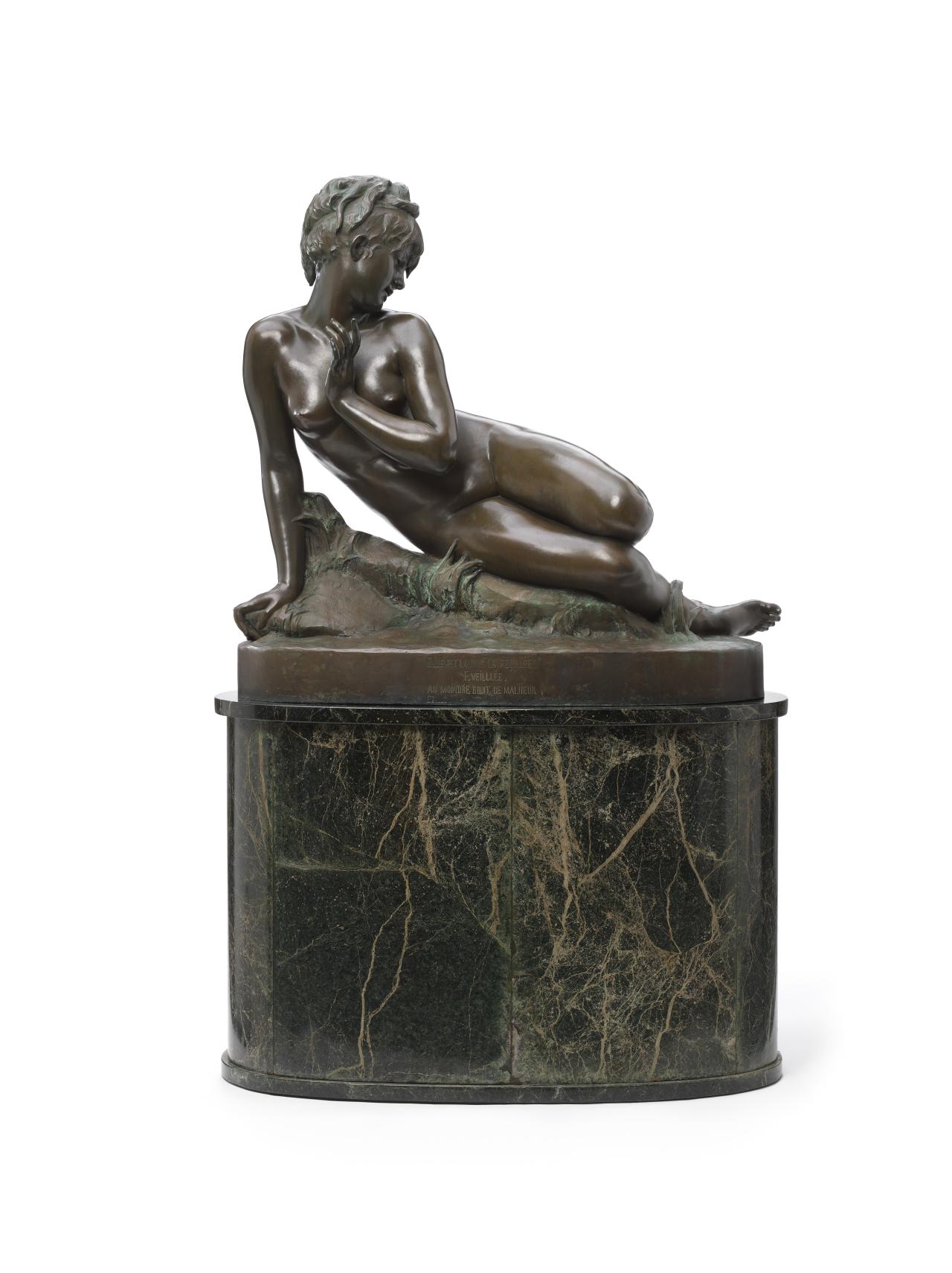 Hélène BERTAUX<br/>
<em>Young girl bathing</em> 1873; 1882 {cast} <!-- (front) --><br />
<em>(Jeune fille au bain)</em><br />
bronze<br />
(a-b) (181.9 x 117.0 x 62.7) cm (overall)<br />
National Gallery of Victoria, Melbourne<br />
Gift of Krystyna Campbell-Pretty AM and Family through the Australian Government's Cultural Gifts Program, 2024<br />
2024.1029.a-b<br />

<!--153045-->