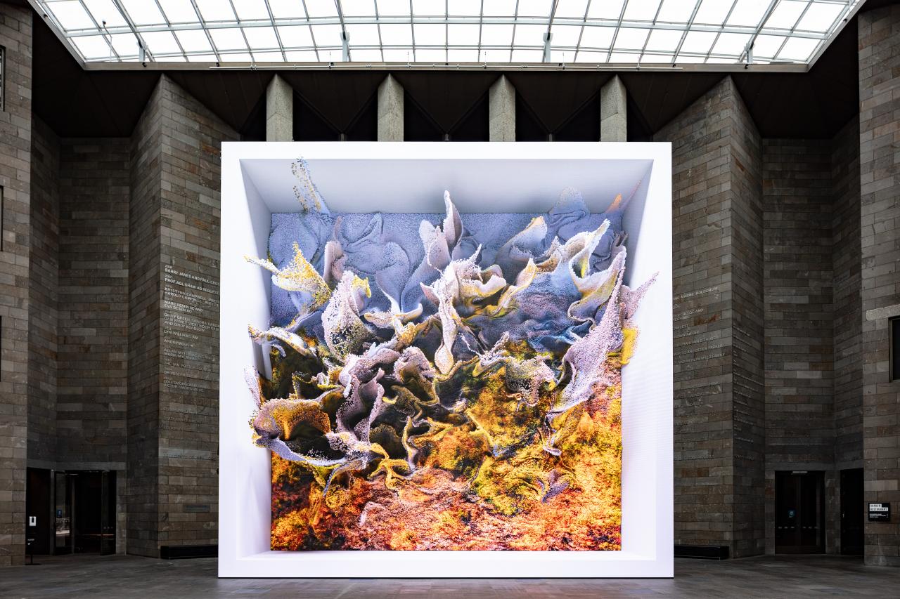 Refik ANADOL (designer)<br />
 REFIK ANADOL STUDIO, Los Angeles (design studio)<br/>
<em>Quantum memories</em> (2020) <!-- (installation) --><br />

interactive colour digital animation, four-channel sound<br />
1015.0 x 1020.0 x 250.0 cm (variable) (installation)<br />
National Gallery of Victoria, Melbourne<br />
Commissioned by the National Gallery of Victoria, Melbourne Purchased with funds donated by Loti & Victor Smorgon Fund and Barry Janes and Paul Cross, 2021<br />
2021.18<br />
&copy; Refik Anadol
<!--145052-->