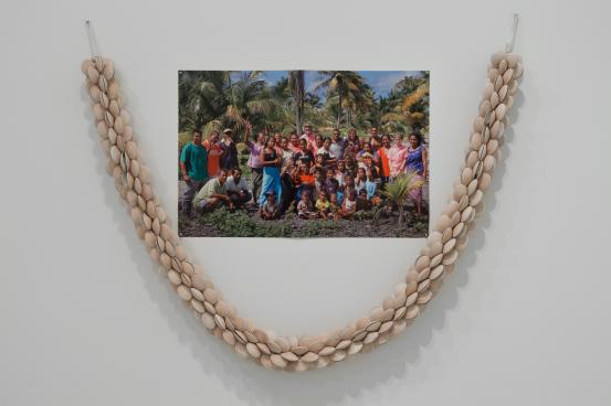 Chris Charteris<br/>
<em>Mwaen te utu (Garland for my family – Nikunau)</em> 2006 {designed}; 2016 {made} <!-- (full view) --><br />

venus shells (Venus sp.), stainless steel, rope, inkjet print<br />
(a-b) 140.0 x 174.5 x 15.5 cm (overall) (installed)<br />
National Gallery of Victoria, Melbourne<br />
Purchased NGV Foundation Patrons, 2016<br />
2016.225.a-b<br />
© Chris Charteris
<!--120705--><br/><a class="col-link block" href="/explore/collection/work/120705"><strong>Collection page <i class="fa fa-angle-right"></i></strong></a>