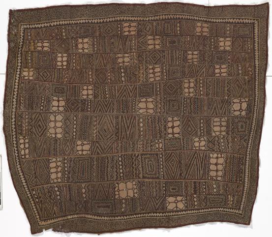 Lila Warrimou (Misaso)<br/>
<em>Ije ridime'e, vinohu'e, viojoje dehe, vison'e ohu'o shiha'u'e (Jungle ladder, bellybutton tattoo design, butterfly wings, nasal jewellery and fruit)</em> 2006 <!-- (recto) --><br />

natural pigments on nioge (woman's barkcloth skirt)<br />
148.5 x 134.0 cm<br />
National Gallery of Victoria, Melbourne<br />
Gift of David Baker, 2007<br />
2007.384<br />
© the artist
<!--83722--><br/><a class="col-link block" href="/explore/collection/work/83722"><strong>Collection page <i class="fa fa-angle-right"></i></strong></a>