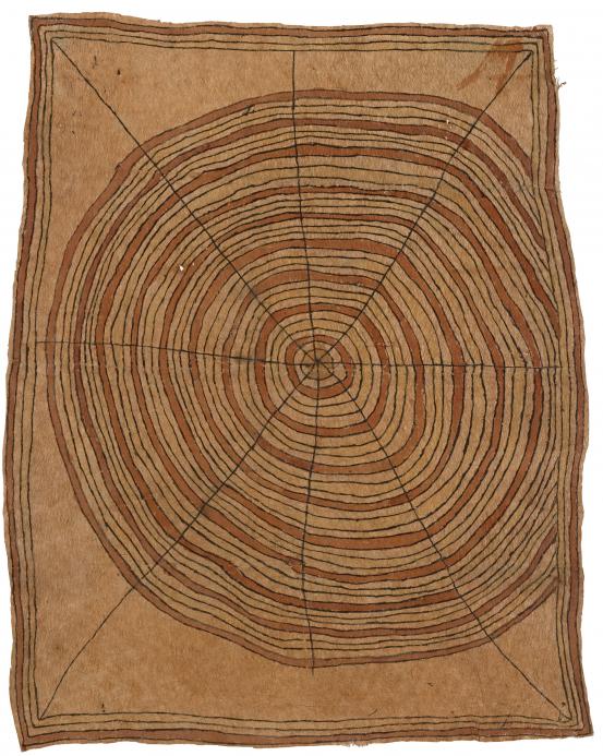 Dapeni Jonevari (Mokokari)<br/>
<em>Butötudë (Spiderweb)</em> 2005 <!-- (recto) --><br />

natural pigments on nioge (woman's barkcloth skirt)<br />
118.5 x 89.5 cm<br />
National Gallery of Victoria, Melbourne<br />
Purchased NGV Foundation, 2006<br />
2006.369<br />
© The artist, courtesy Ömie Nemiss Incorporated
<!--82179--><br/><a class="col-link block" href="/explore/collection/work/82179"><strong>Collection page <i class="fa fa-angle-right"></i></strong></a>
