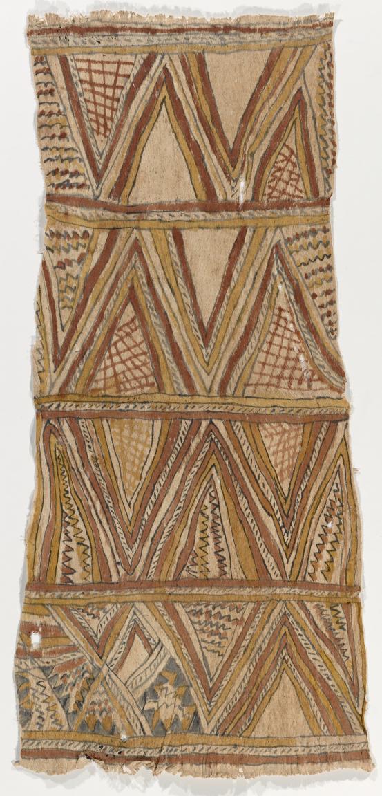 Aspasia Gadai (Y&eacute;wo)<br/>
<em>Dah&ouml;ru'e (Mountain design)</em> 2004 <!-- (recto) --><br />

natural pigments on nioge (woman's barkcloth skirt)<br />
167.5 x 76.5 cm<br />
National Gallery of Victoria, Melbourne<br />
Purchased, NGV Foundation, 2008<br />
2008.72<br />
&copy; the artist
<!--85646-->