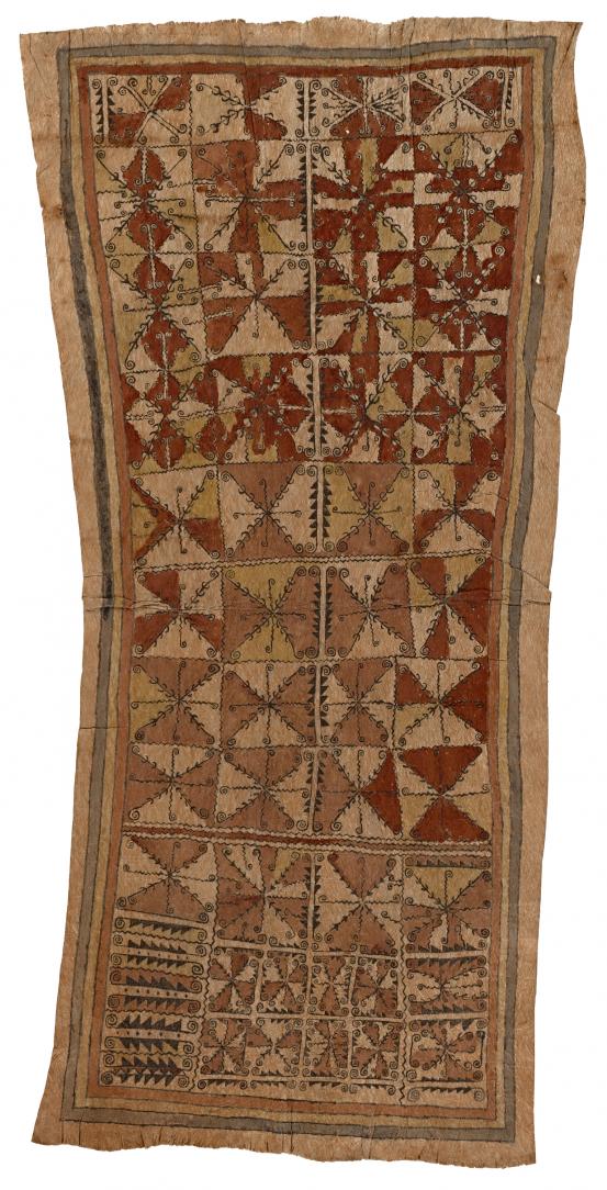 Pauline-Rose Hago (Derami)<br/>
<em>Odunaige ohu'o taigu taigu'e (Jungle vine and leaf pattern)</em> 2006 <!-- (recto) --><br />

natural pigments on nioge (woman's barkcloth skirt)<br />
181.5 x 90.0 cm<br />
National Gallery of Victoria, Melbourne<br />
Purchased NGV Foundation, 2008<br />
2008.77<br />
&copy; the artist
<!--85662-->