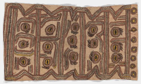 Fate Savari (Isawdi)<br/>
<em>Webo owo'gumine, vene vitwe, dewolor'e ohu'o ije bi'weje (Cooking dried cuscus paws, rope and boys chopping down tree branches)</em> 2011 <!-- (recto) --><br />

natural pigments on nioge (woman's barkcloth skirt)<br />
105.0 x 62.6 cm<br />
National Gallery of Victoria, Melbourne<br />
Presented by Ömie Artists, 2012<br />
2012.155<br />
© the artist
<!--102983--><br/><a class="col-link block" href="/explore/collection/work/102983"><strong>Collection page <i class="fa fa-angle-right"></i></strong></a>