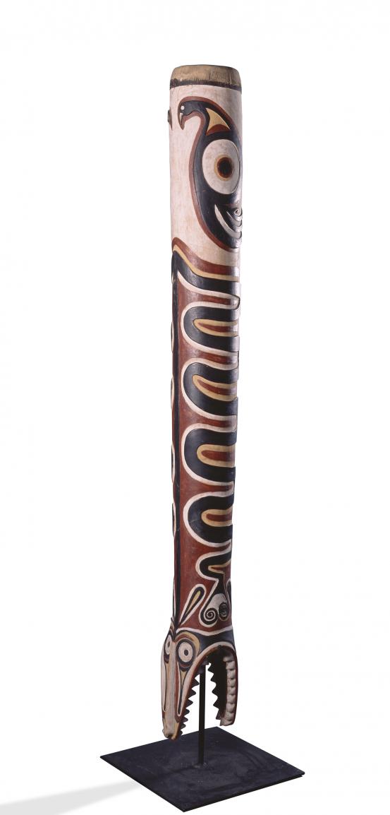 Kebali<br/>
<em>Diwaka (Drum)</em> (c. 1970) <!-- (front view) --><br />

earth pigments on wood, wallaby skin, bamboo, cane, resin<br />
183.8 x 18.0 cm diameter<br />
National Gallery of Victoria, Melbourne<br />
Presented through The Art Foundation of Victoria by Elizabeth Pryce, Member, 2000<br />
2000.275<br />
© the artist
<!--67351--><br/><a class="col-link block" href="/explore/collection/work/67351"><strong>Collection page <i class="fa fa-angle-right"></i></strong></a>