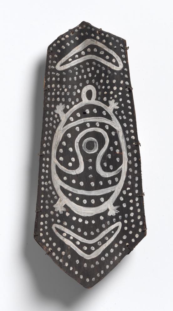Waris District, West Papua<br/>
<em>Sickness shield</em> (c. 1986) <!-- (recto) --><br />

earth pigments on sago palm petiole, fibre<br />
71.6 x 30.9 x 4.9 cm<br />
National Gallery of Victoria, Melbourne<br />
Gift of Todd Barlin, 2009<br />
2009.41<br />
&copy; the artists
<!--88633-->