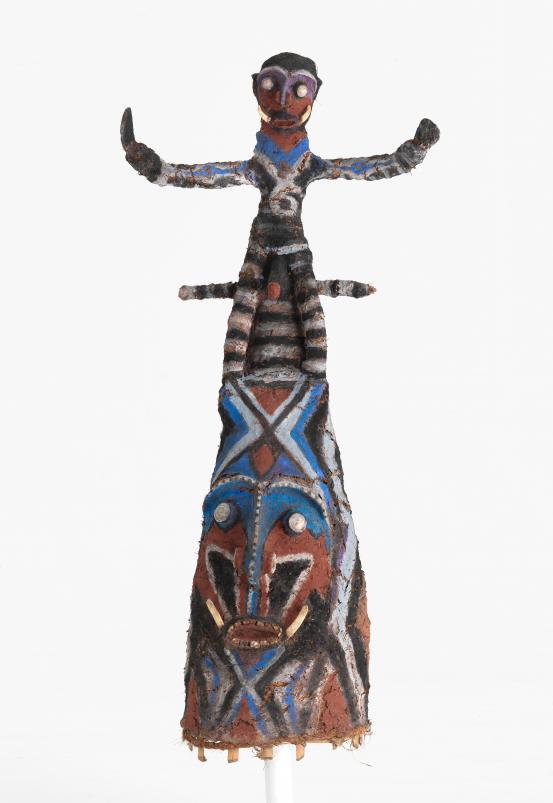 Bong Sam<br/>
<em>Temar ne ari (Ancestor spirit figure)</em> (c. 1995) <!-- () --><br />

earth pigments and synthetic polymer paint on clay and fibre, bamboo, shell, pig tusk, feathers<br />
142.9 x 62.5 x 37.0 cm<br />
National Gallery of Victoria, Melbourne<br />
Purchased NGV Foundation, 2009<br />
2009.24<br />
&copy; the artist
<!--88280-->