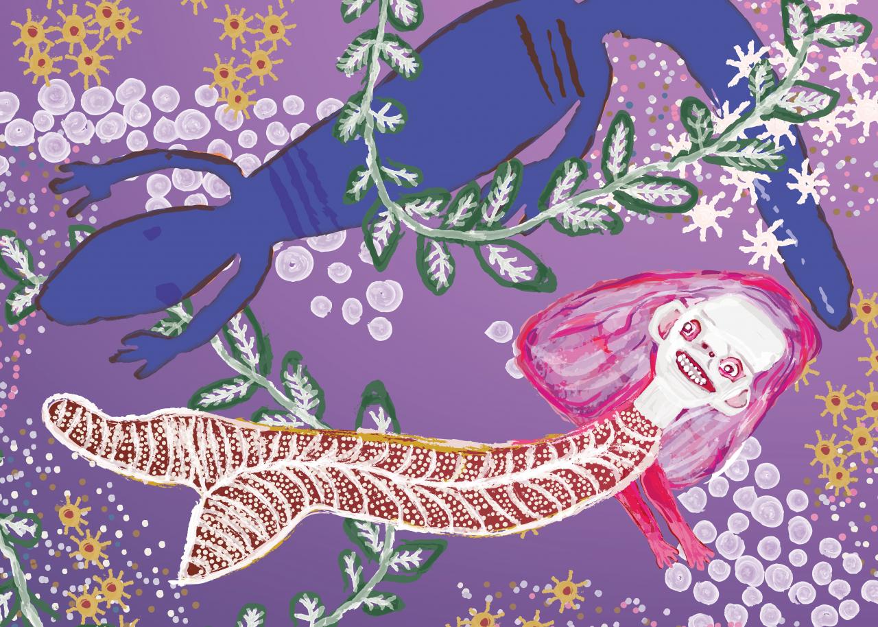 Illustration based on Ms N. Yunupiŋu <em>Dhambaliŋu ga Munhaŋaniŋ</em> 2002. <br/>
Proposed acquisition. &copy; Estate of Ms N. Yunupiŋu, courtesy of Buku-Larrŋgay Mulka Centre, Yirrkala <br /><br/>
Illustration based on Eunice Djerrkŋu Yunupiŋu <em>I am a mermaid,/em> 2020, National Gallery of Victoria, Melbourne. Purchased with funds donated by Barbara Hay, 2021. &copy; Eunice Djerrkŋu Yunupiŋu, courtesy of Buku-Larrŋgay Mulka Centre, Yirrkala<br/>