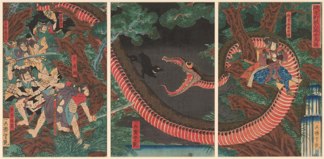 Utagawa YOSHITSUYA<br/>
<em>Raiko breaks Hakamadare's magical spell and captures him</em> 1858 <!-- (image only) --><br />

colour woodblock (triptych)<br />
(a-c) 36.7 x 74.3 cm (image) (overall)<br />
National Gallery of Victoria, Melbourne<br />
Purchased through The Art Foundation of Victoria with the assistance of the Sidney Myer Fund, Governor, 1994<br />
AS16.a-c-1994<br />

<!--55954-->