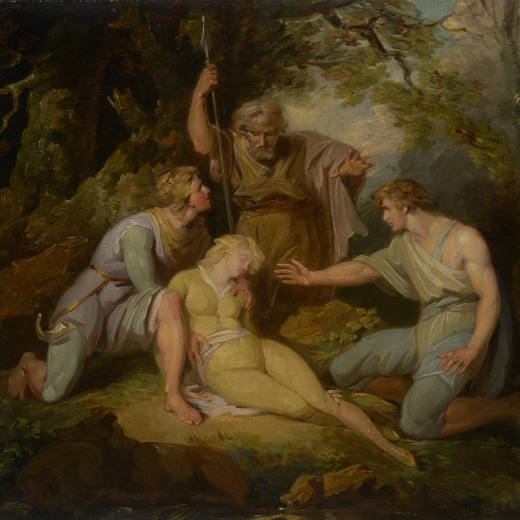 Henry SINGLETON<br/>
<em>Imogen found by Arviragus, Belarius and Guiderus in the forest</em> (c. 1790-1795) 